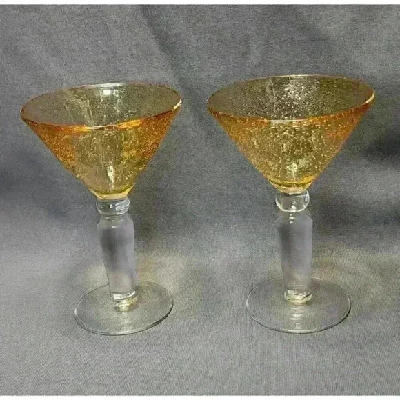 Vintage Hand Blown Bubble Art Glass Amber Martini Cosmopolitan Glasses Set of 2 - Picture 4 of 6